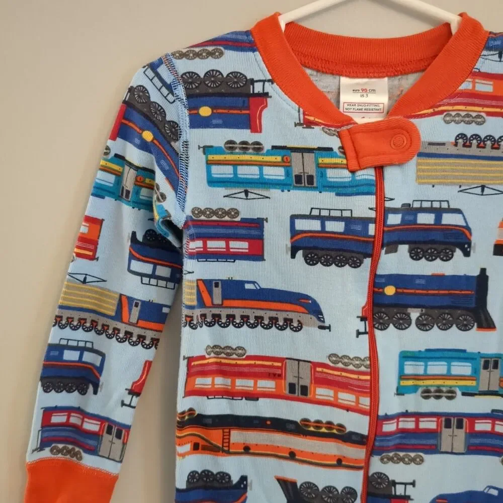 Hanna Andersson Blue Orange Train Organic Cotton Pajamas Sleeper - Boys 90 3T